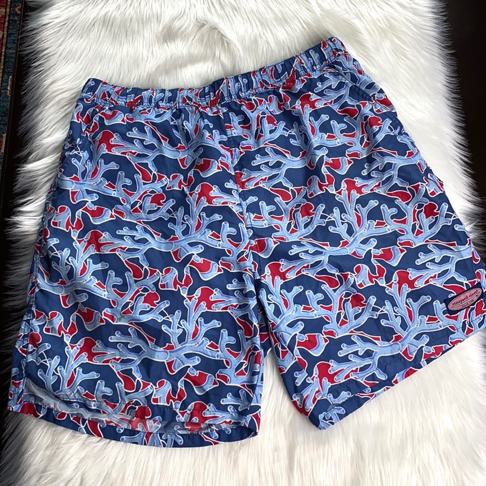 Vineyard Vines Blue and Red Coral Swim Trunks XL